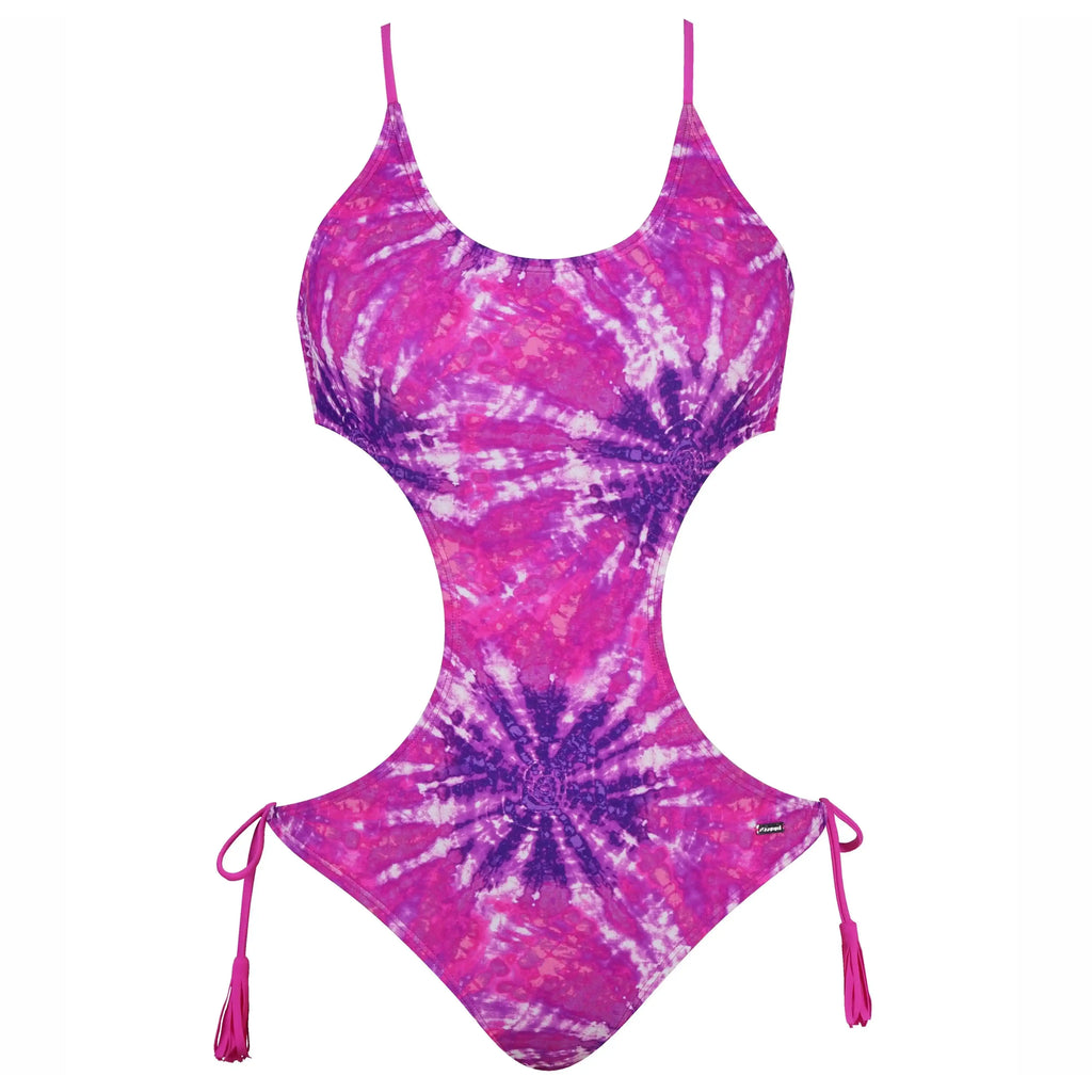 Pink and purple tie-dye monokini swimsuit with cut-out sides and adjustable straps