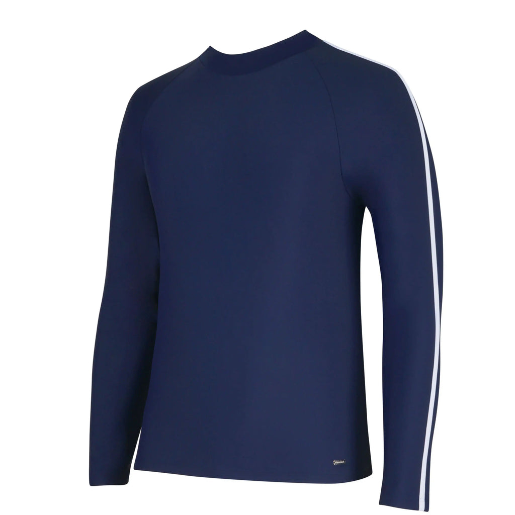 Navy blue long sleeve activewear top with white side stripe, ideal for gym or yoga