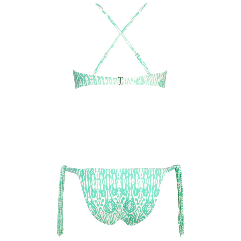 Green and white patterned bikini set with criss-cross straps and side ties, back view