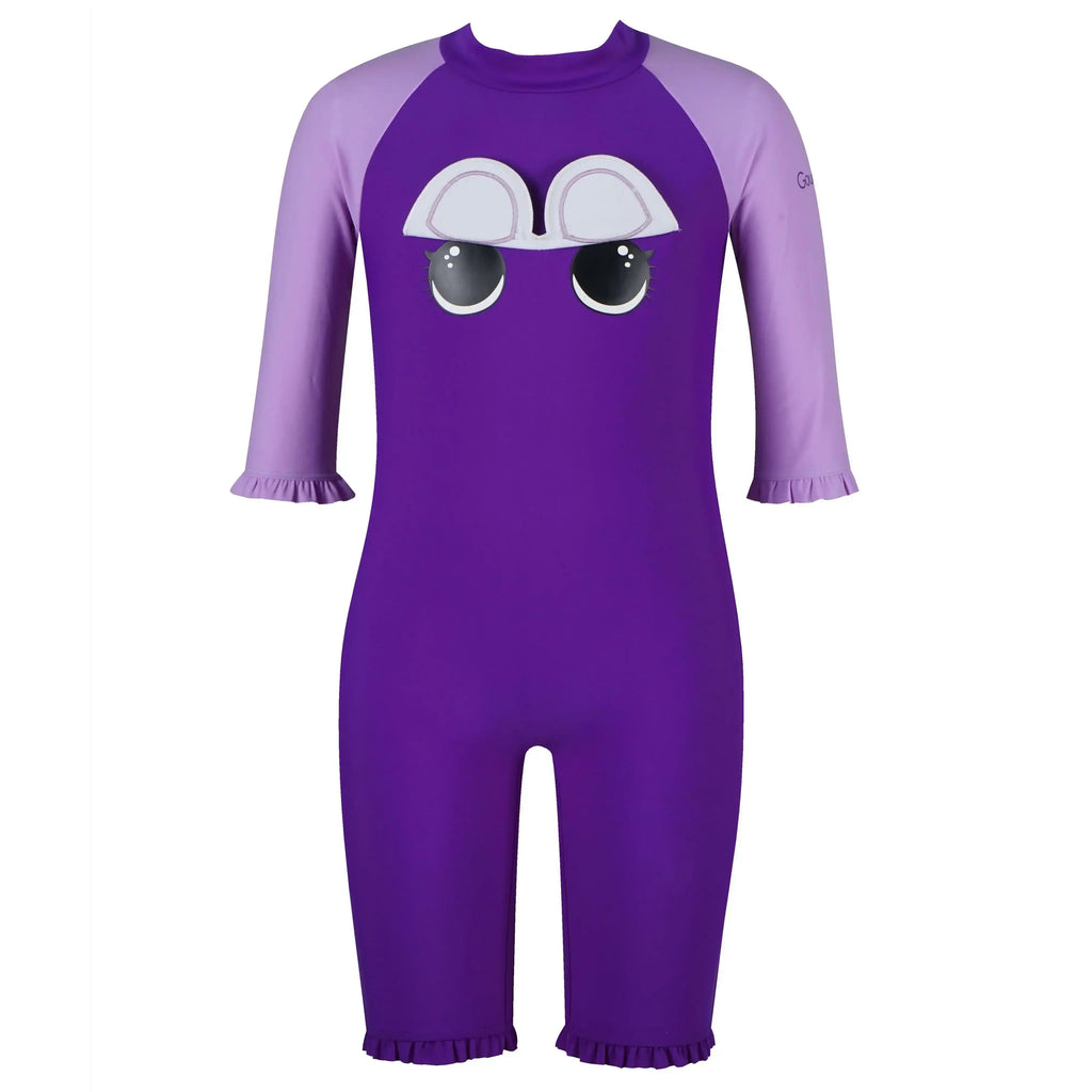 Purple and lavender kids' one-piece swimsuit with cartoon eyes, half sleeves, and ruffle trim