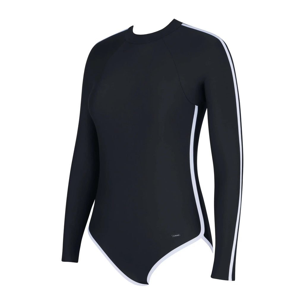 Black long sleeve one-piece swimsuit with white stripe details on arms and edges