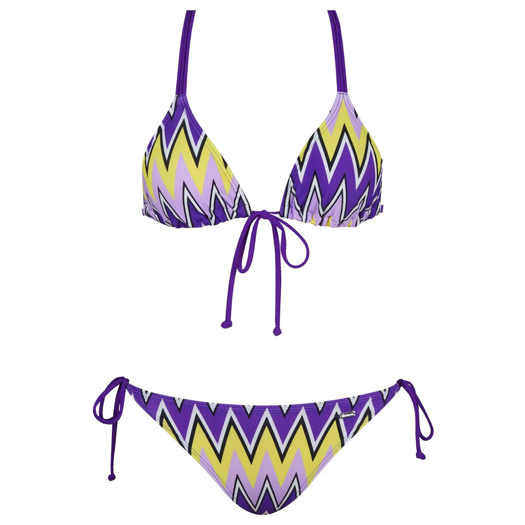 Purple, yellow, and black zigzag print bikini set with adjustable string ties