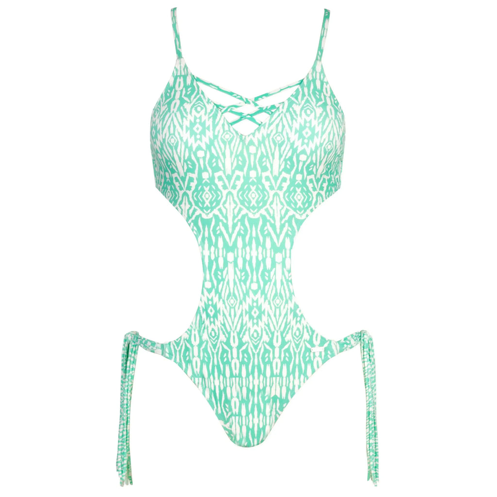 Mint green patterned cut-out one-piece swimsuit with lace-up front and side ties