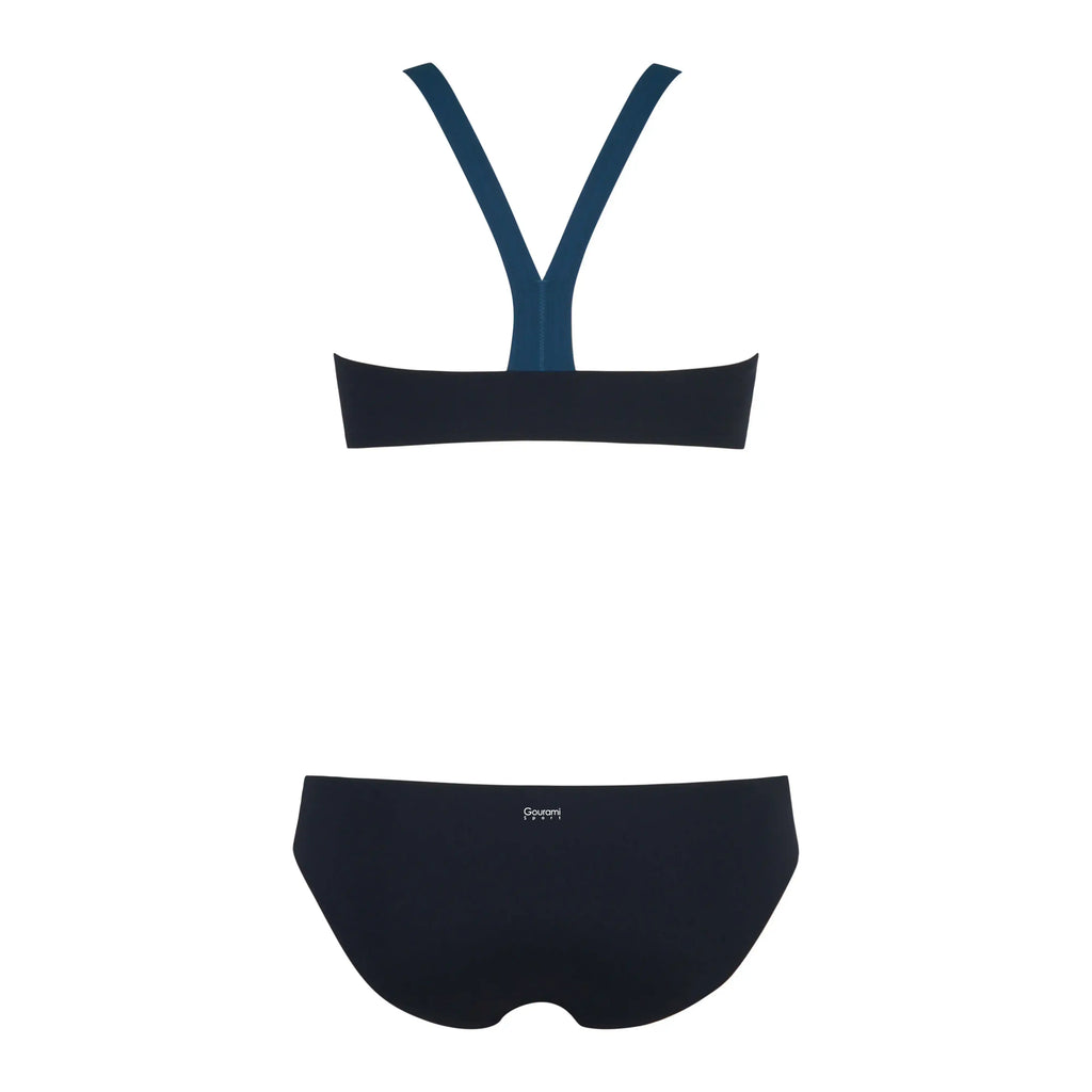 Back view of navy blue bikini set with thick straps and classic high-waisted bottoms on white background.