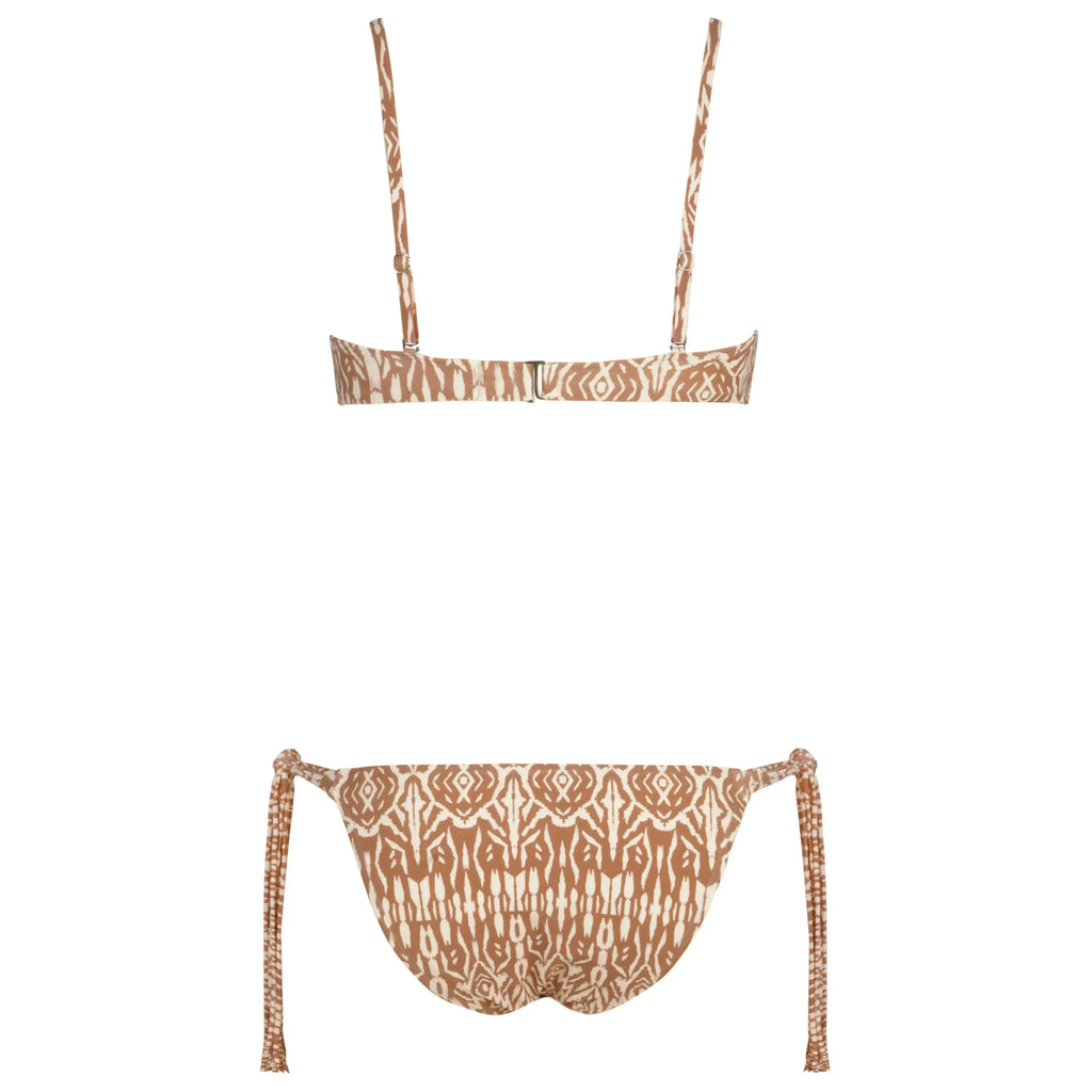 Brown and white patterned bikini back view with adjustable straps and side-tie bottoms