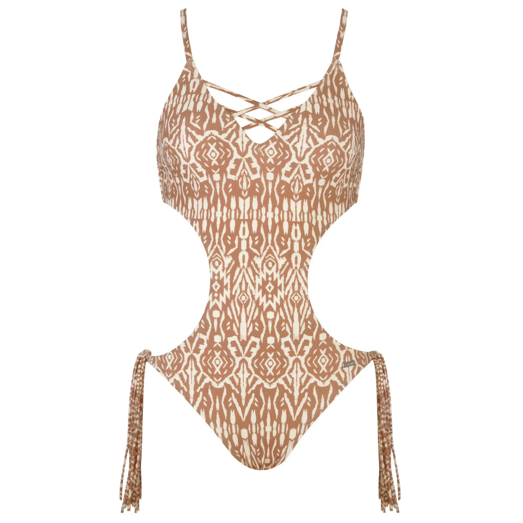 Brown and cream cut-out one-piece swimsuit with tribal print and crisscross front detail