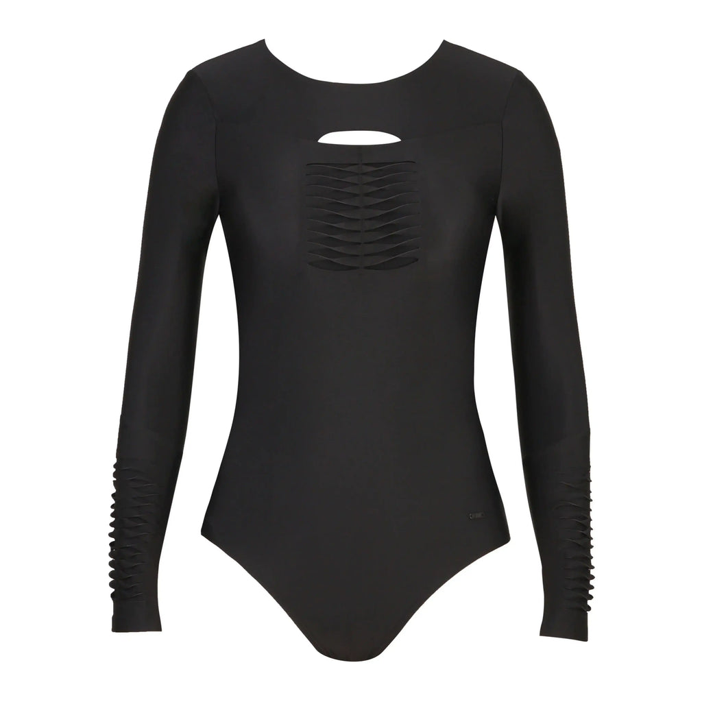 Black long sleeve one-piece swimsuit with cutout and textured front and sleeves