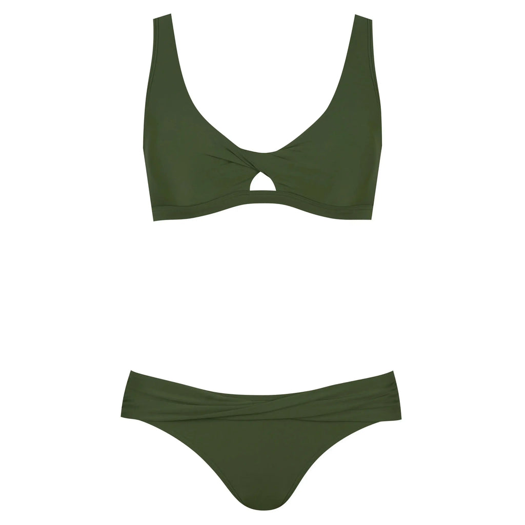 Olive green bikini set with twist front top and matching low-rise bottoms