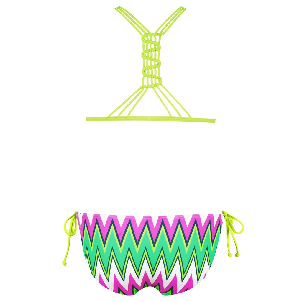 Colorful zigzag bikini with neon yellow macrame top and pink, green, white patterned bottoms