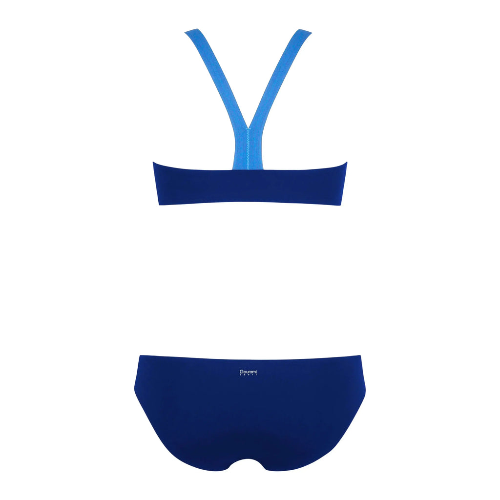 Back view of a blue bikini set with V-back straps and seamless bottoms on white background