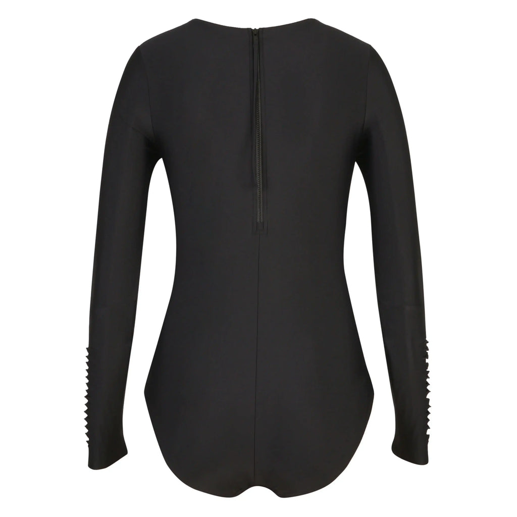 Black long sleeve one-piece swimsuit with back zipper and textured sleeve details