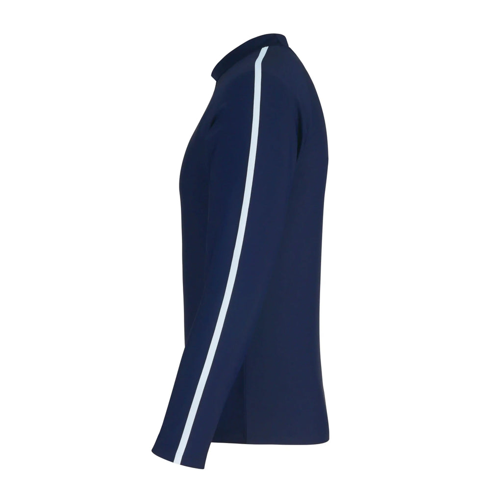 Navy blue long sleeve activewear top with white stripe detail on the sleeve, side view