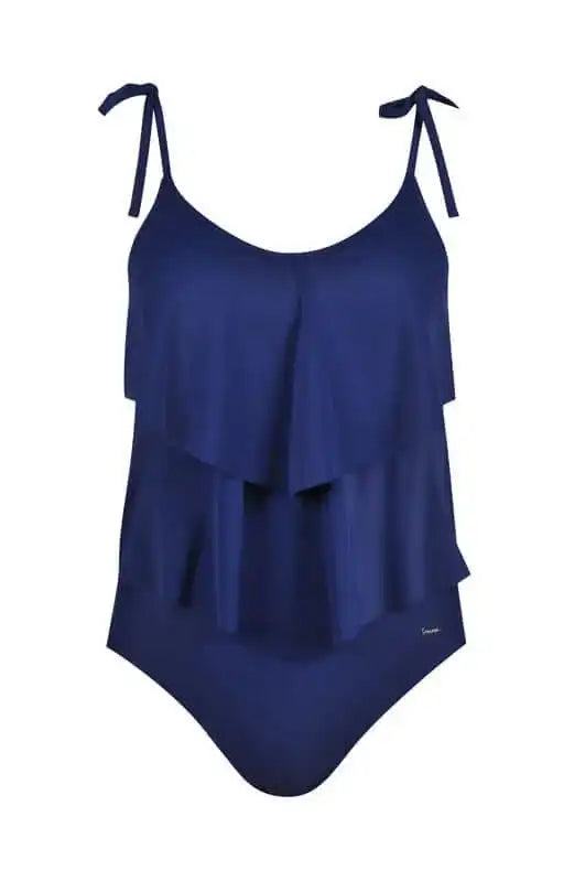 Navy blue one-piece swimsuit with ruffle layers and tie shoulder straps