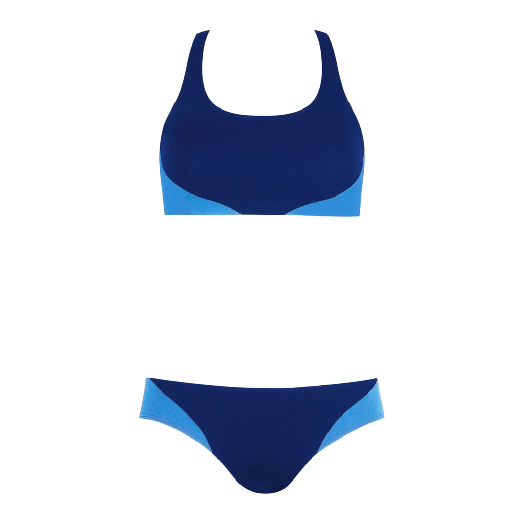 Two-tone blue bikini set with sporty scoop neck top and mid-rise bottoms on white background