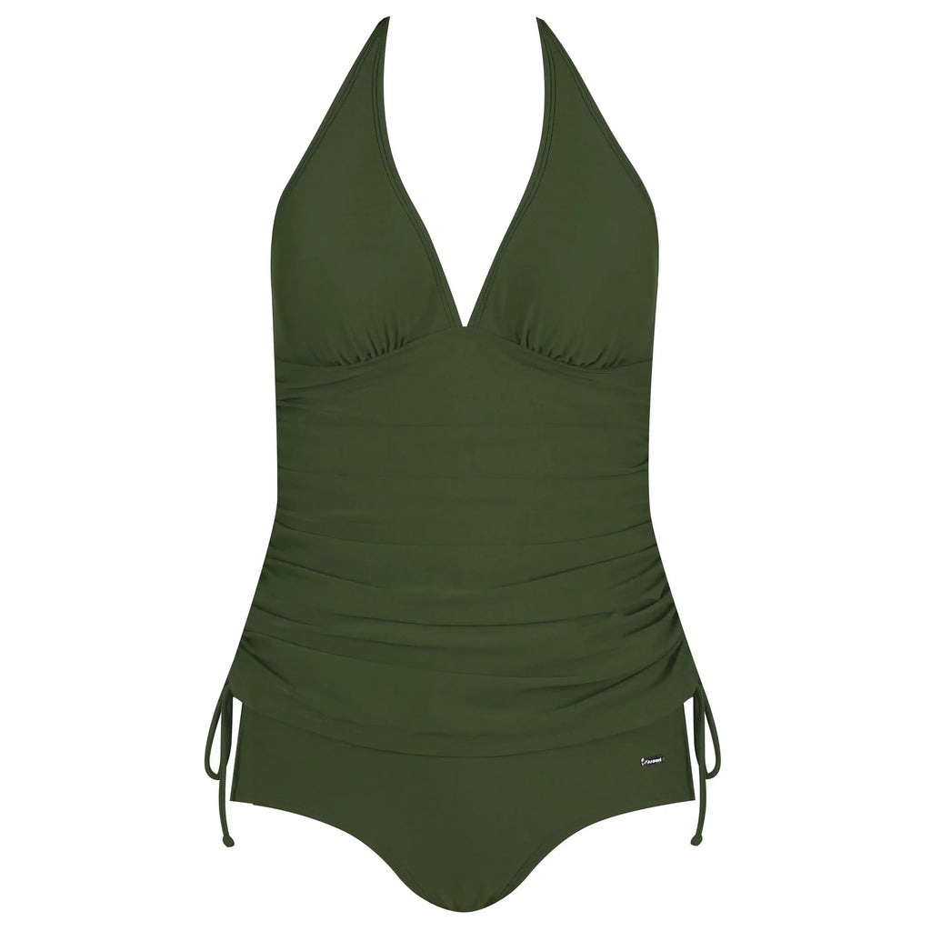 Olive green ruched one-piece swimsuit with halter neckline and adjustable side ties