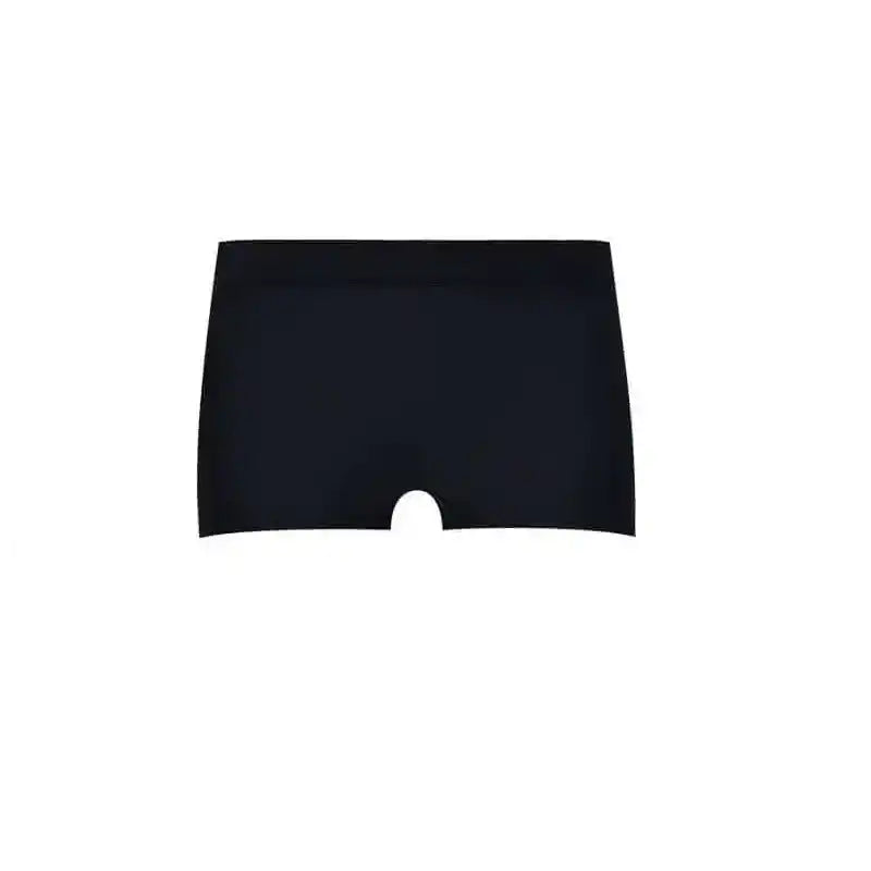 Black women's swim shorts with high waist and modest coverage, designed for active movement and comfort.
