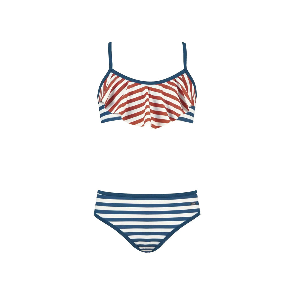 Striped bikini set with ruffle top and blue, white, and red horizontal stripes