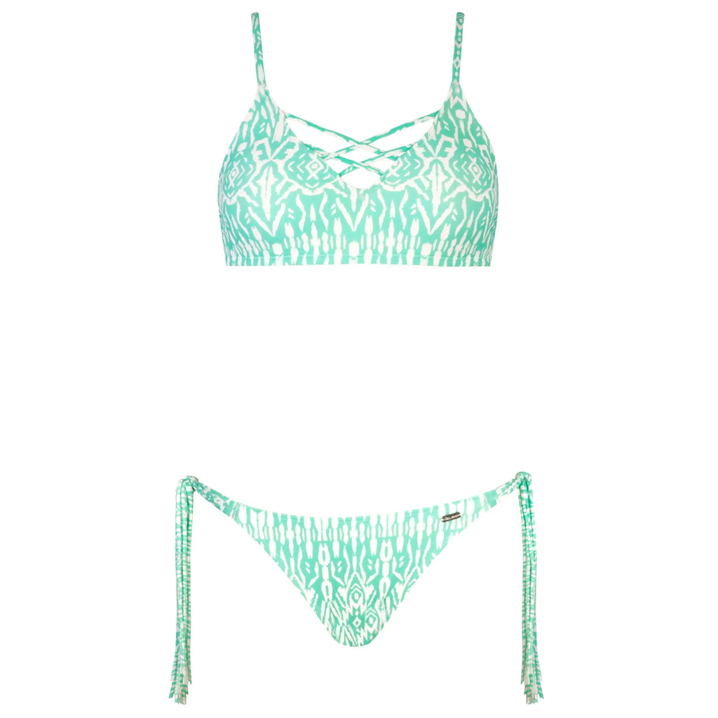 Green and white patterned bikini set with crisscross top and side-tie bottoms