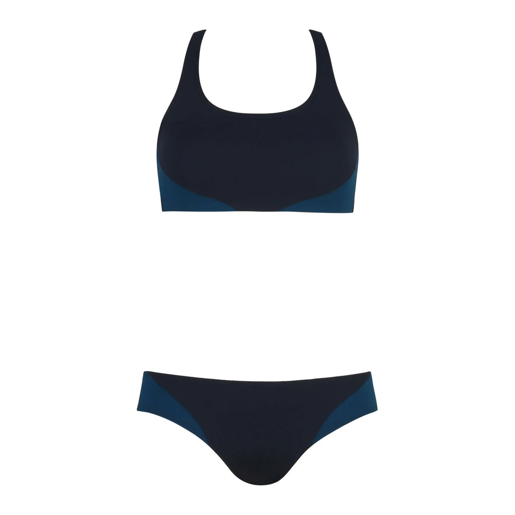 Navy blue sporty bikini set with scoop neck top and matching bikini bottom on white background