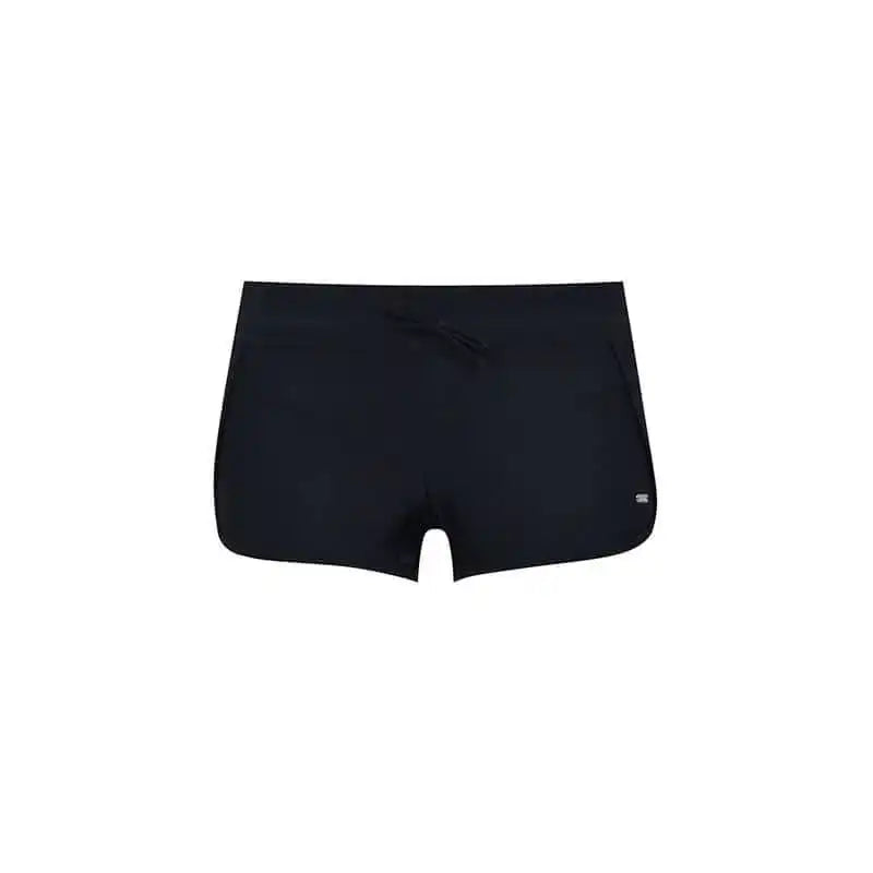 Black swim shorts with drawstring waistband, front view, on white background