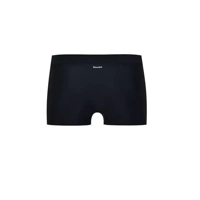 Black men's swim trunks with minimal design on white background