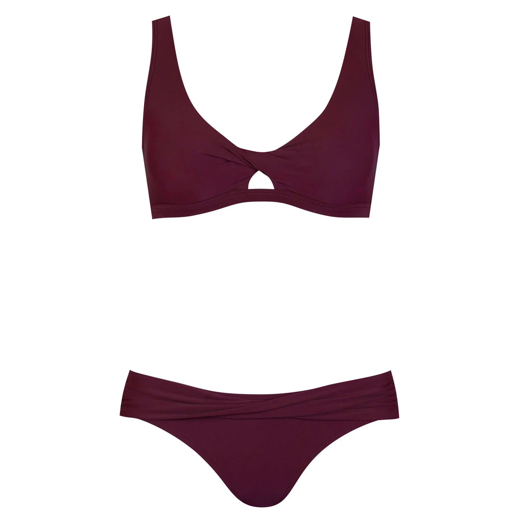 Burgundy bikini set with twist front top and keyhole cutout, classic swimwear style.