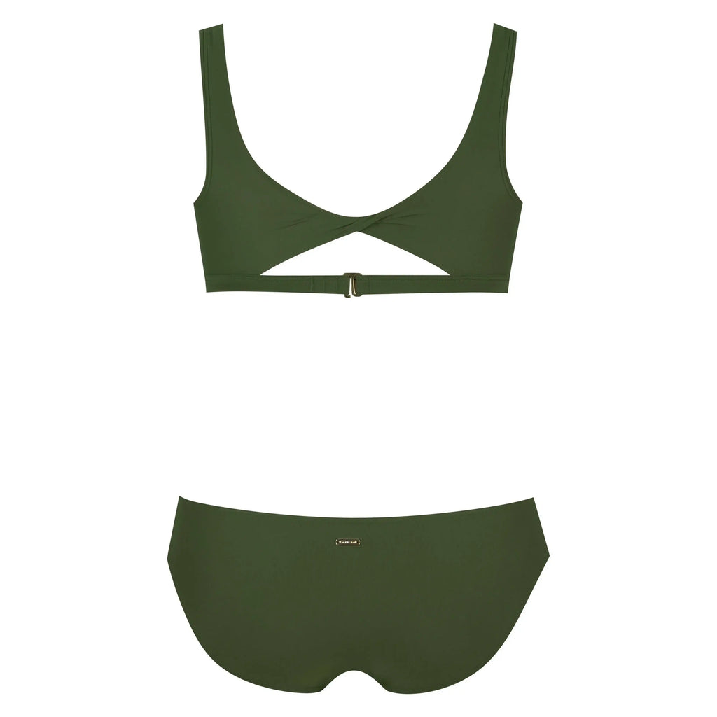 Olive green bikini set with scoop neck top and high-waisted bottoms, flat lay
