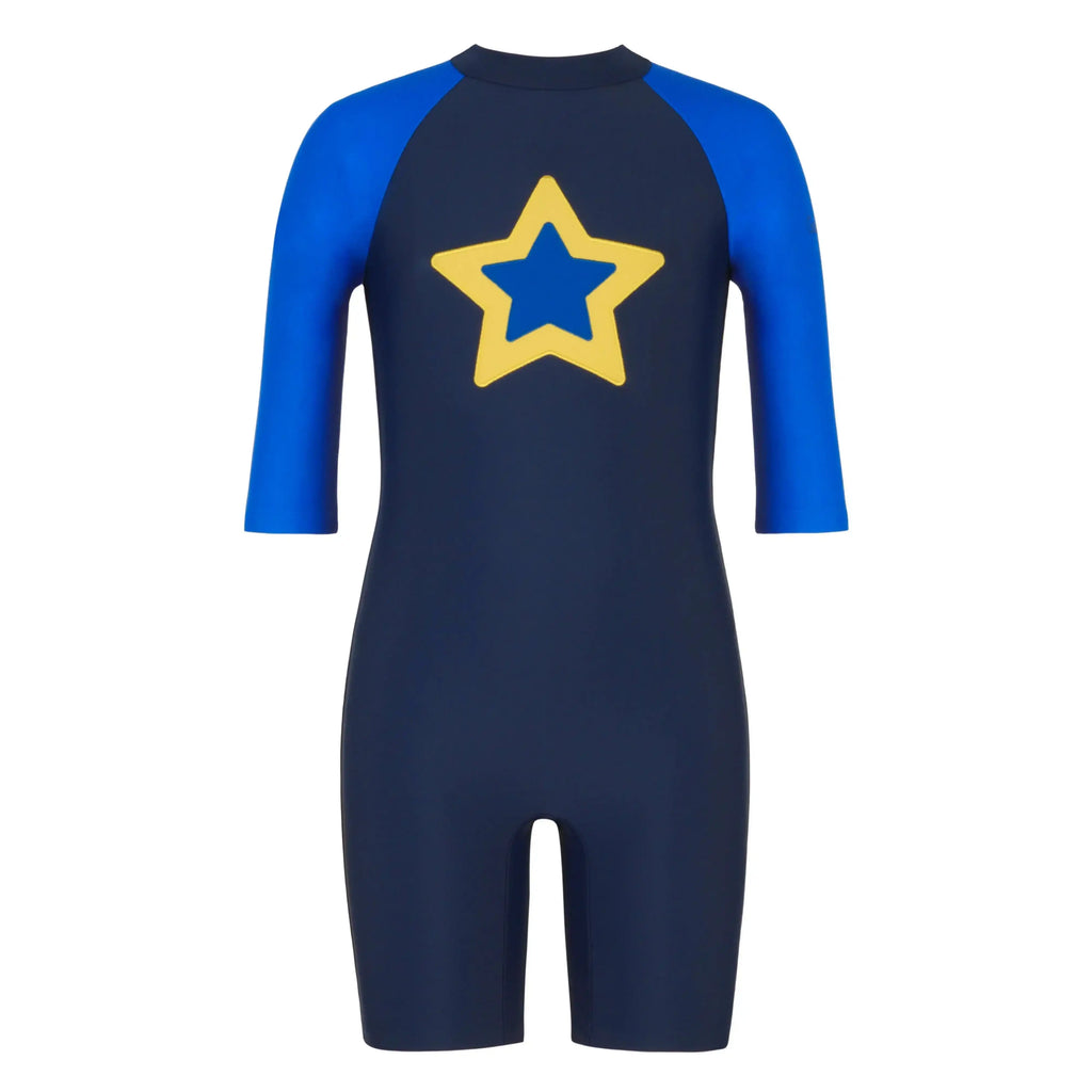Navy and blue short sleeve one-piece swimsuit with a yellow star on the chest