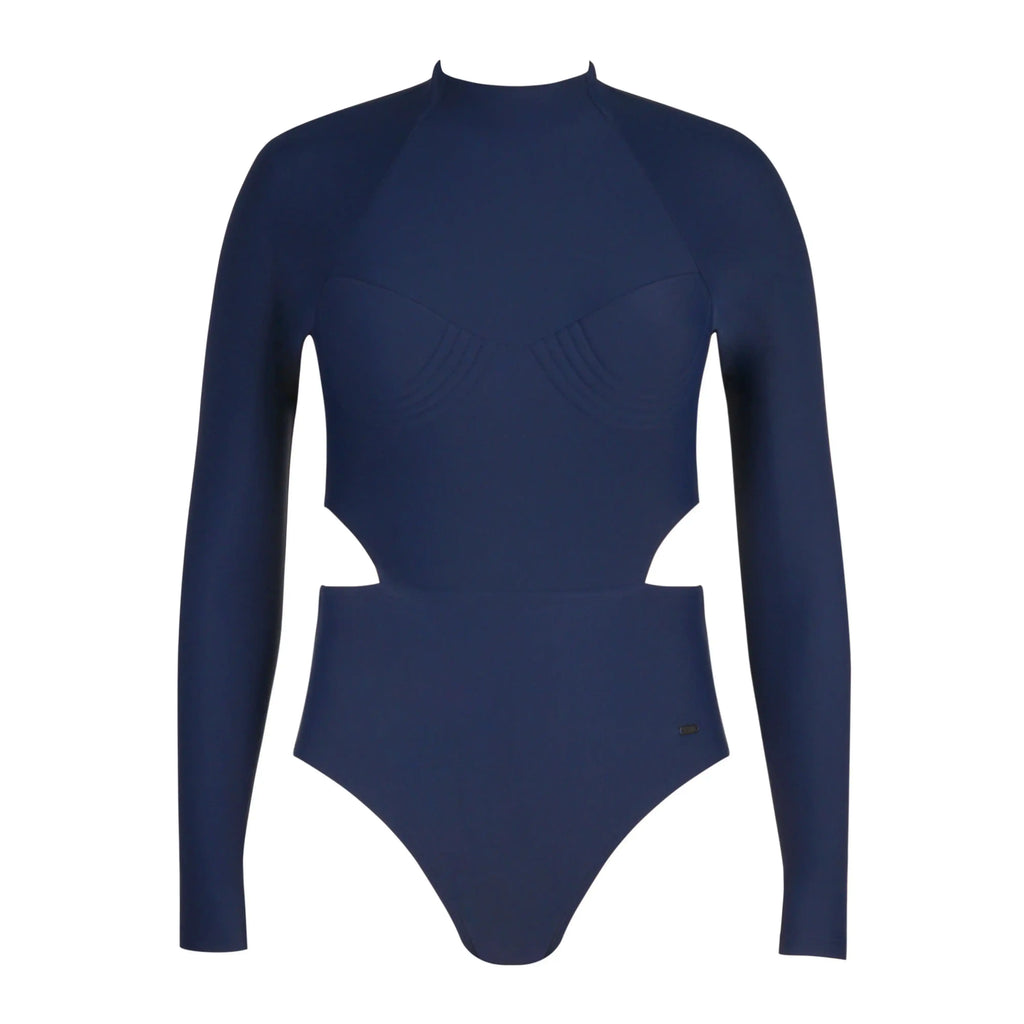 Navy long sleeve cutout one-piece swimsuit with high neckline and sculpted bodice