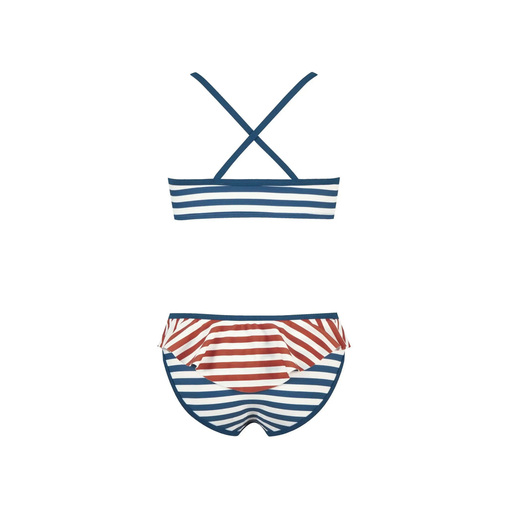 Striped bikini set with blue and red accents, cross-back top and matching swim bottoms