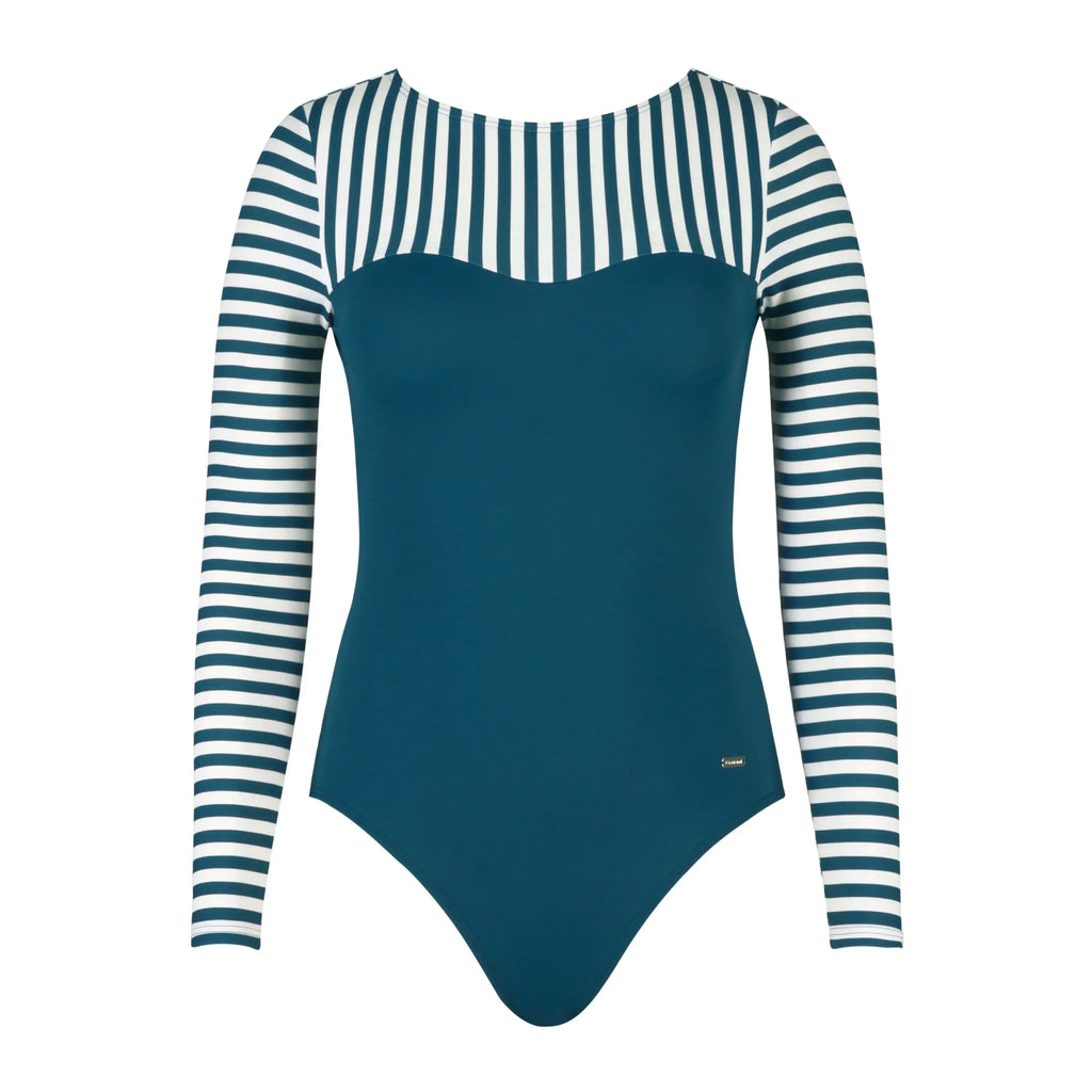 Long sleeve one-piece swimsuit with blue body and white-and-navy horizontal stripes