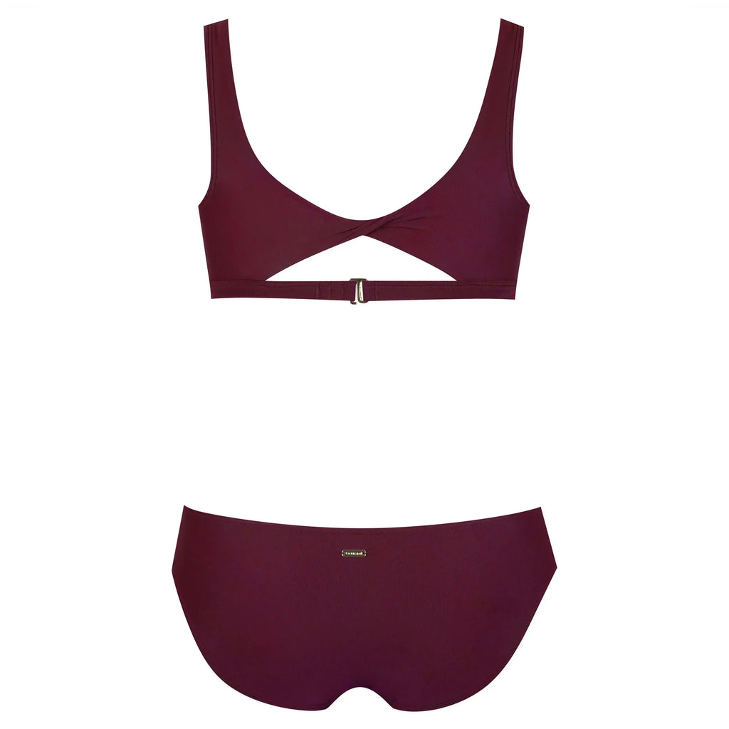 Back view of a burgundy bikini set with clasp closure and cutout details, swimwear flat lay