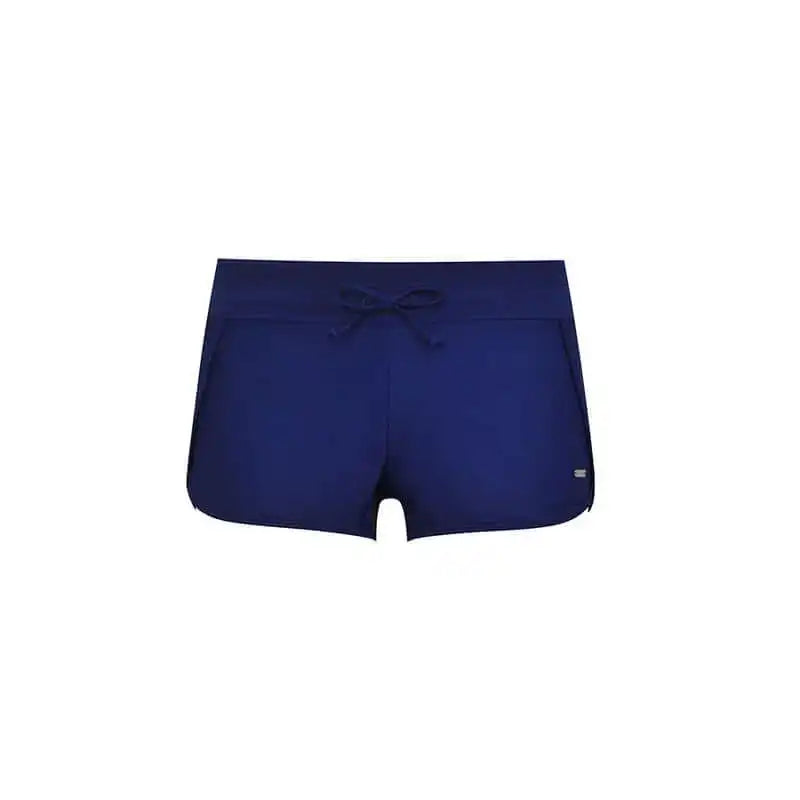Navy blue swim shorts for women with drawstring waist, athletic swimwear on white background